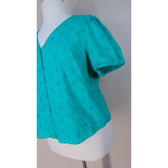 J Crew Green Eyelet Button Top Womens Plus Size XXL Short Sleeve Lined 2XL BQ034 - Picture 4 of 9